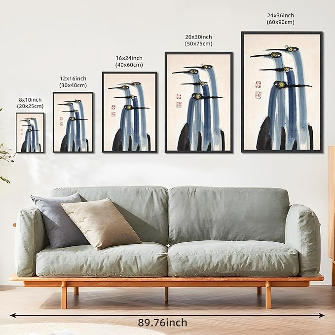 RINMFEO Antique Asian Crane Watercolor Canvas Art Vintage Japanese Chinese Painting Museum Quality Wall Decor For Living Room Bedroom 24x36inch Black frame