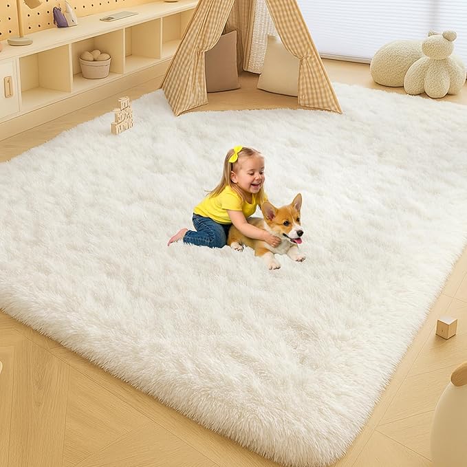 5x7 Plush Fluffy Area Rugs, Large Soft Carpet, Upgraded Non-Slip Rectangular Rug for Living Room, Bedroom, Kids Room, Dorm, Modern Home Decor Aesthetic,Cream White.