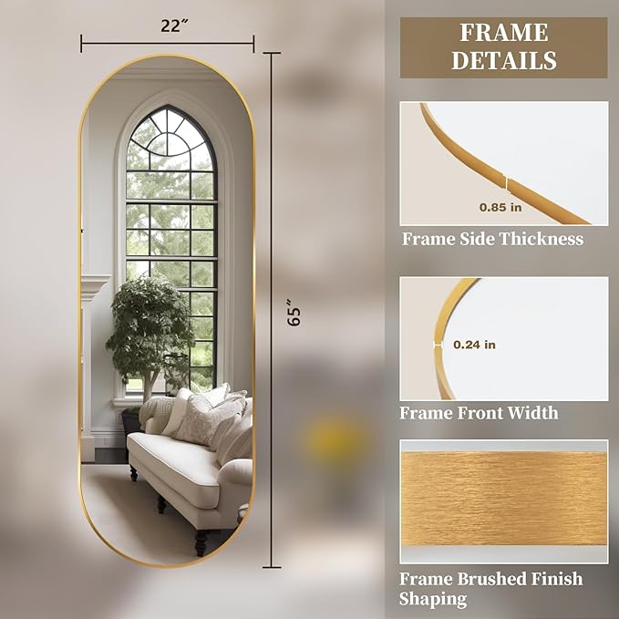 Oval Full Length Mirror, 65"×22" Wall-Mounted Floor Mirror with Metal Frame, Ultra-Clear Explosion-Proof Dressing Mirror, Simple and Classic Deco for Cloakroom/Bedroom/Living Room, Gold