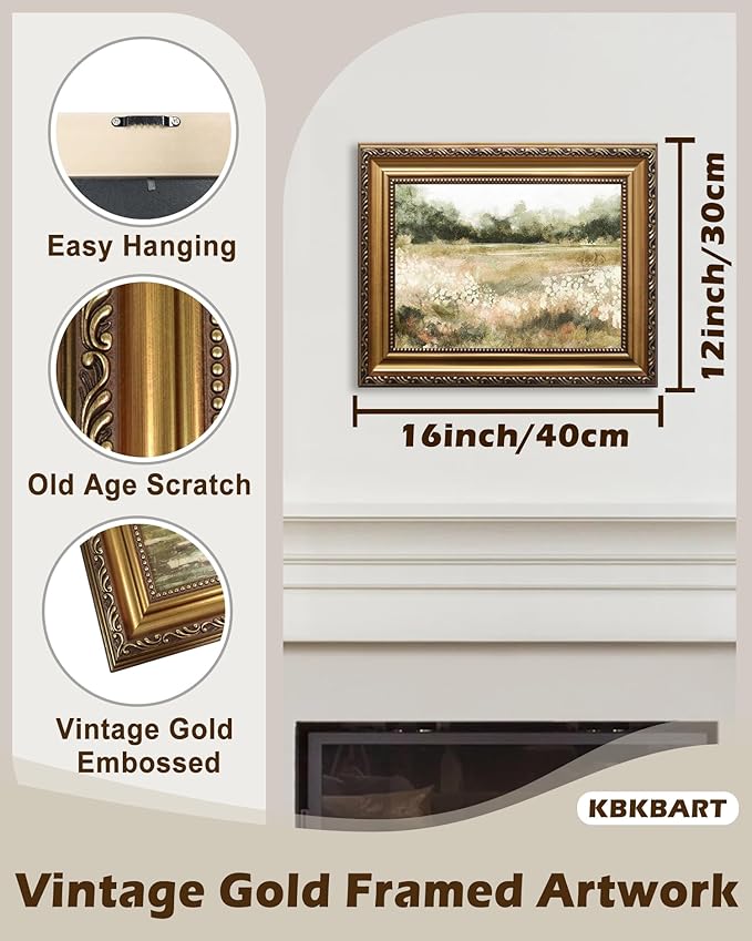 KBKBART Gold Framed Vintage Wall Art, Vintage Watercolor Wildflower Countryside Canvas Oil Painting Farmhouse Decor Wall Art, Rustic Antique Landscape Bathroom Wall Decor for Bedroom Living Room, Gifts for Friends or Family(12"x16")