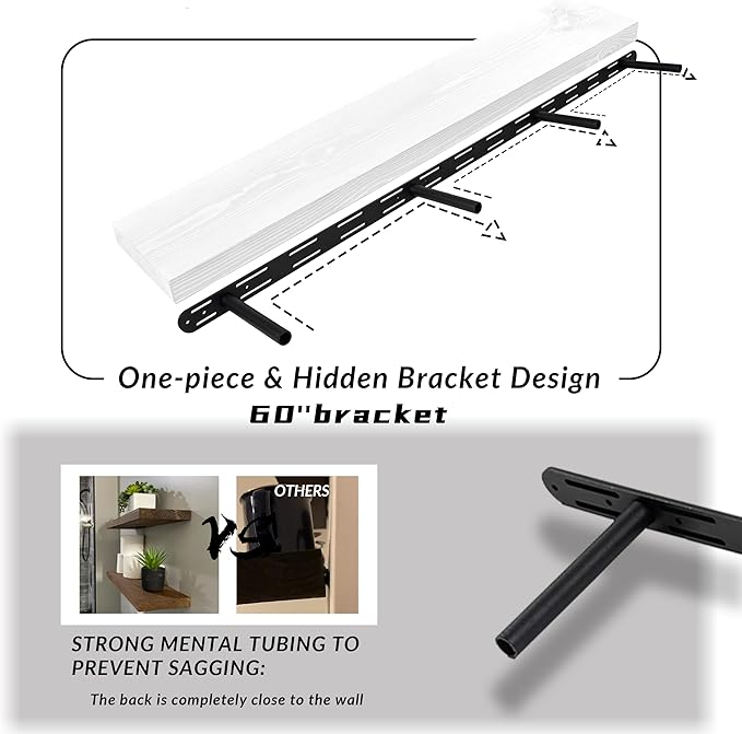 60 inch White Floating Shelves for Wall 8 -inch deep Set of 2, Heavy Duty Solid Wood Wall Mounted Shelves for Living Room Kitchen with Thickened Hidden Bracket