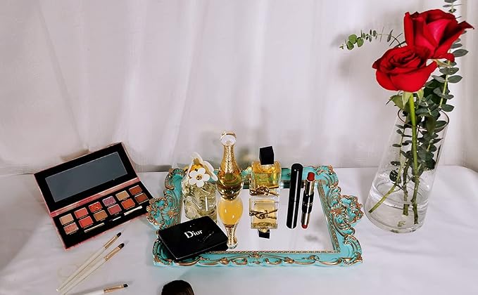 Shell Rectangle Decorative Mirror Tray, French Style, Makeup Organizer, Jewelry Organizer, Serving Tray, 8.2"x 12.9", Golden Blue
