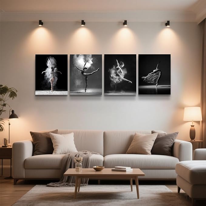 NCYEL 4Pcs Black and White Ballet Wall Art Girl Dancing Canvas Prints Elegant Dance Wall Decor Poster Modern Gallery Style Prints Living Room Bedroom Pictures 8x10 Inch Unframed
