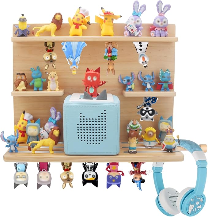 for Tonies Box Storage Shelf Wall Mounted, 3-Tier Magnetic Pine Wood Floating Shelves Organizer for Tonie box1/2 Player, Tonies Figures, Earphones, Display Collection 20~30 Characters