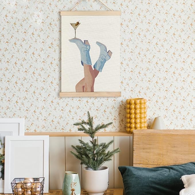 RYYCDOI Coastal Cowgirl Wall Art, Trendy Light Blue Cowgirl Boots Martini Wall Art Poster, Preppy Western Cocktail Wall Decor for Home Lounge Bar Pub Club Kitchen, Bat Cart Wall Decor, 12x16 Inches
