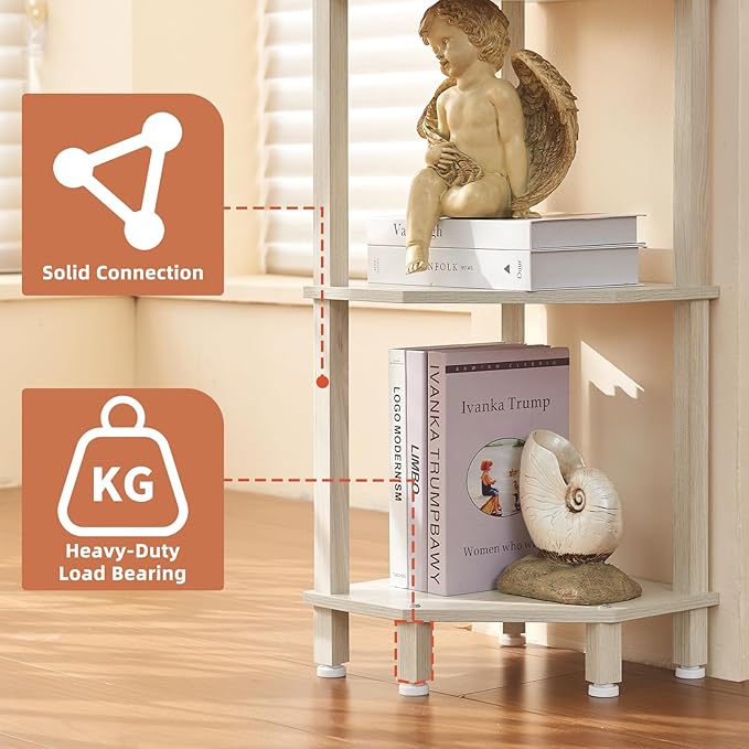 YUFAM 5-Tier Corner Shelf with Sturdy 5-Leg Base, 52in Tall Narrow Bookcase for Small Spaces, Wooden Plant Display Shelf, Thin Bookshelf for Living Room, Bedroom, Office, Grey White