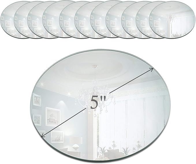 Light In The Dark 5 Inch Round Mirror Candle Plate with Beveled Edge Set of 12 - Small Round Mirrors for Centerpieces, Wall Décor, Crafts