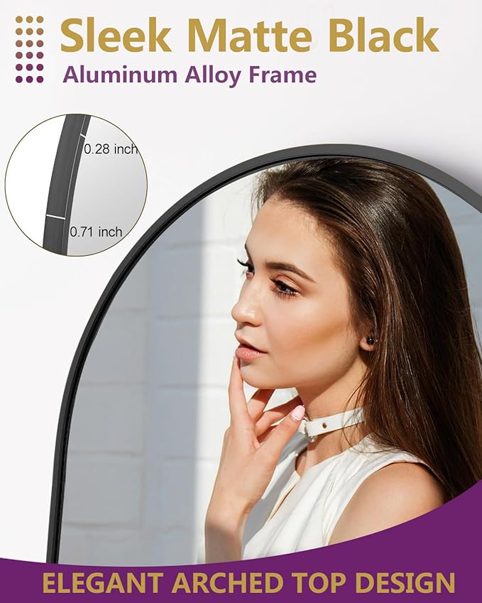 DMWOODFL 58"x18" Arched Full Length Mirror - Wall/Floor Mounted with Stand, Shatter-Proof Glass & Aluminum Frame, Large Body Mirror for Bedroom, Living Room, Entryway or Cloakroom, Black
