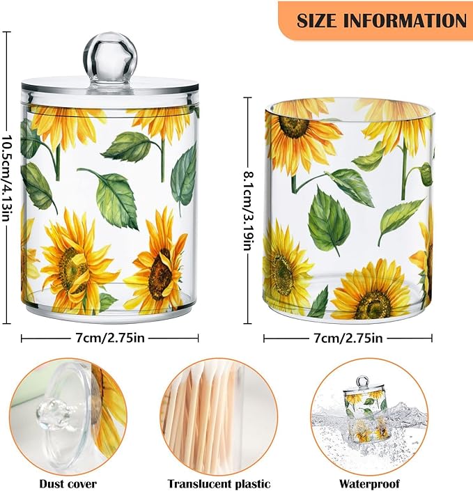 2 Pack Qtip Holder Dispenser for Cotton Ball Yellow Sunflower Cotton Swab Cotton Round Pads Clear Plastic Acrylic Jar Set Bathroom Canister