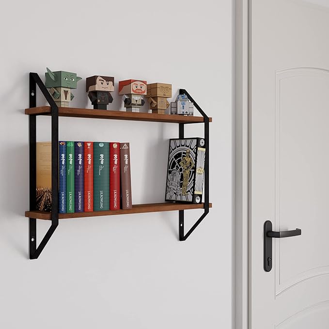 Wallniture Ponza Wood Floating Shelvesf for Wall Storage, 24" Floating Bookshelf, 2 Tier Wall Shelf for Livng Room, Bedroom, Bathroom, Kitchen, Walnut