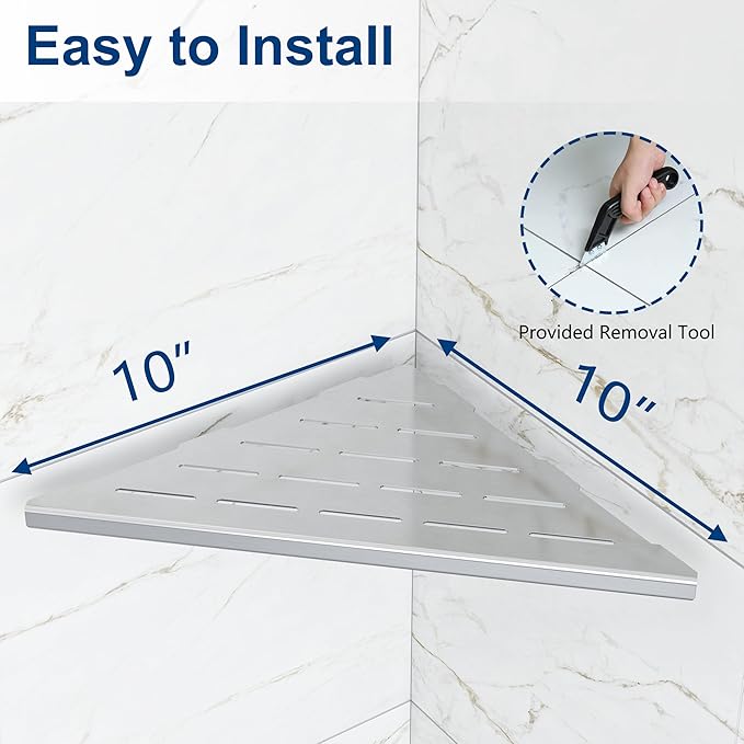 Qeke Corner Shower Shelves, 10” Recessed Tile Shower Shelf, 304 Stainless Steel Grout in Corner Tile Shower Shelves, No Drilling, Brushed Nickel, 2 Pack