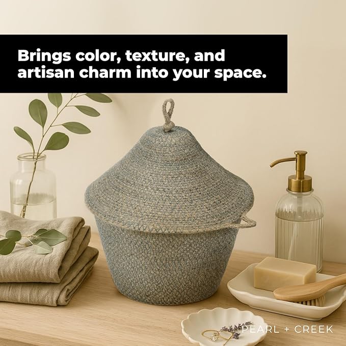 Olea Mushroom Container – Handmade 12" Woven Jute Decorative Storage Basket – Rustic Storage for Entryway, Bathroom, Kitchen, or Boho Cottagecore Decor - Forest Green