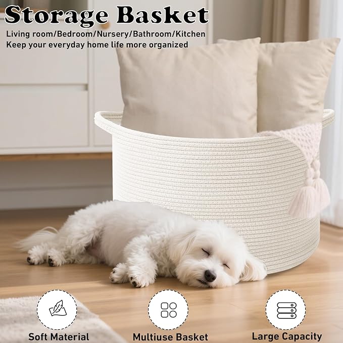 65L Large Blanket Basket,Woven Rope Laundry Basket Hamper with Handles,Decorative Nursery Basket Storage Bin for Toys, Pillows , Clothes Organizer, Living Room, Bedroom, Bathroom, White