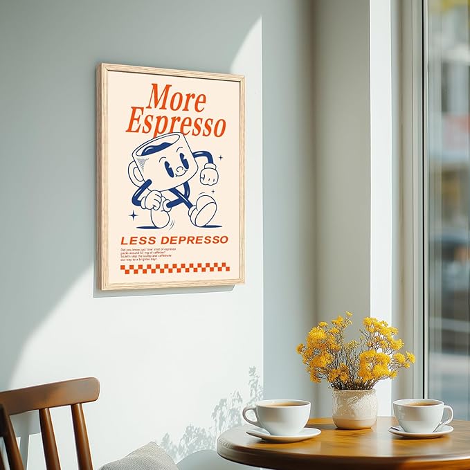Cyebmo Funny Coffee Wall Art, Vintage Cafe Kitchen Wall Decor, More Espresso Less Depresso Art Prints, Beige Dorm Poster Print for Home Office Coffee Bar Kitchen, Wood Framed Ready to Hang 16x24 Inch
