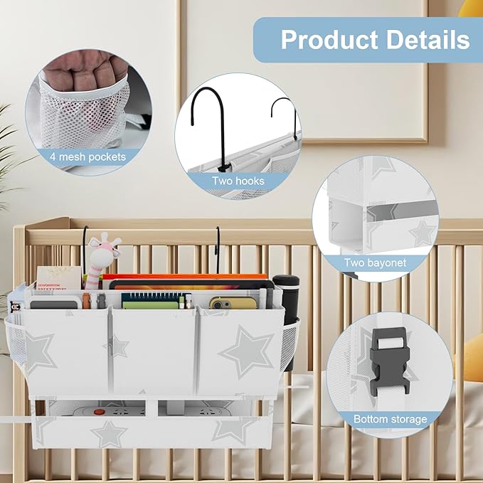 homyfort Bedside Caddy Organizer, Dual-Purpose Bedside Storage with Power Strip Holder, Versatile Bed Caddy with 11 Pockets for Bunk Bed, College Dorm, Home, Hospital, Fits Phones, Books, White