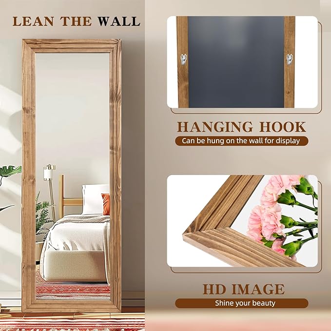Full Length Mirror 65"x24" Solid Wood Frame Floor Large Mirror for Living Room, Bedroom Hanging or Leaning Wall-Mounted, Light Brown