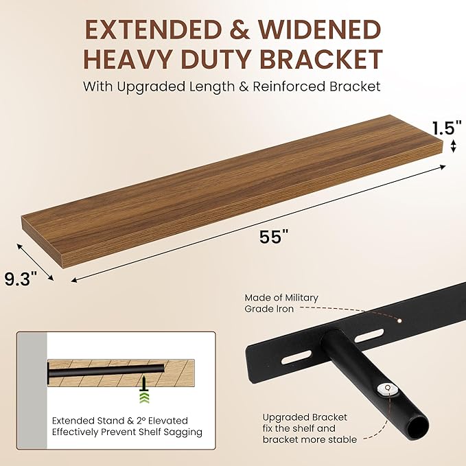Dreamland 55 Inches Floating Shelves for Wall, 9.3" Deep Long Floating Shelves Set of 1, Large Display & Storage Shelf, Wall Shelf for Bathroom Bedroom Living Room Kitchen Office, Walnut