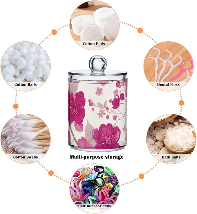 2 Pack Apothecary Jars Art Pink Peach Blossom Bathroom Vanity Storage Organizer Set,Small Clear Plastic Storage Jars Bathroom Canister for Cotton Swabs, Rounds, Balls, Qtips,Makeup Sponges, Flo