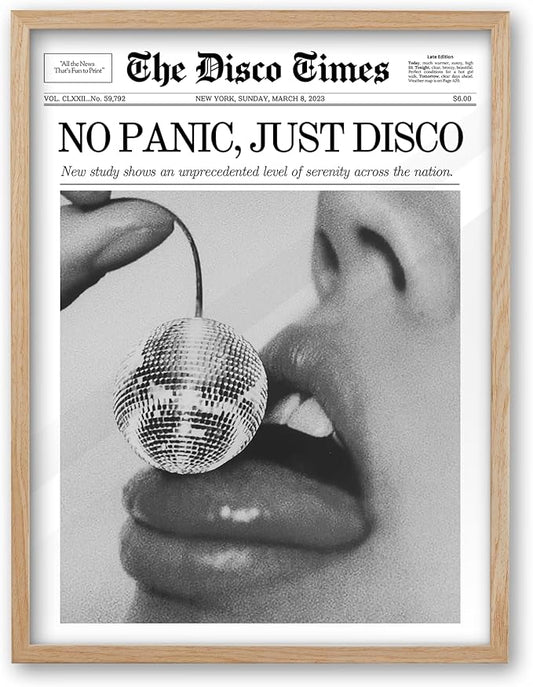 iHery No Panic Just Disco Framed Trendy NewsPaper Wall Art,Beige OAK Wood Large 16x20in Canvas Bedroom Wall Art Decor, Cherry Disco Ball Headline Magazine Poster For Dorm Living Room Home 1Pack