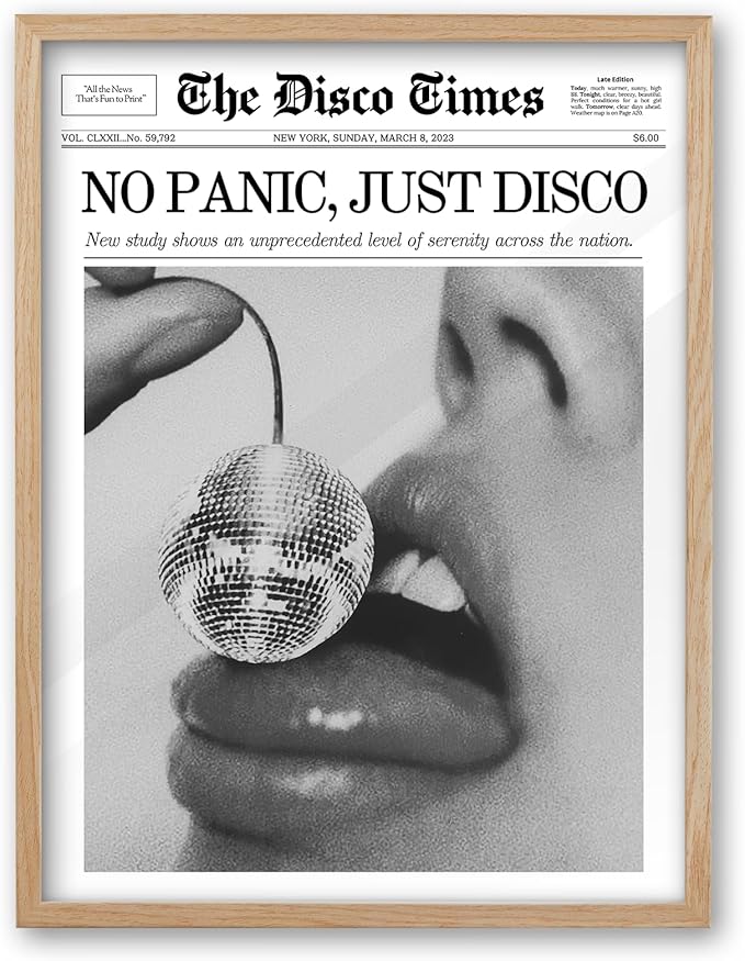 iHery No Panic Just Disco Framed Trendy NewsPaper Wall Art,Beige OAK Wood 12x16in Canvas Bedroom Wall Art, Cherry Disco Ball Headline Poster,Magazine Wall Decor For Dorm Living Room Home 1Pack