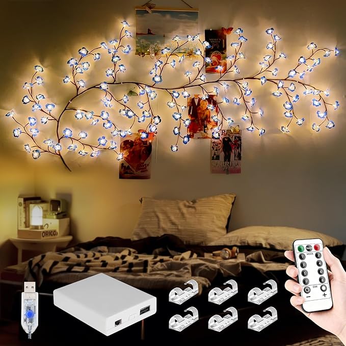 FNHMSL Cherry Enchanted Willow Vine Lights, 4FT 48LED Blue Cherry Blossom Tree Branch Lights for Wall with USB Battery Box,Remote Timer,8 Light Model, Indoor Bedroom Wall Doors Wedding, Christmas