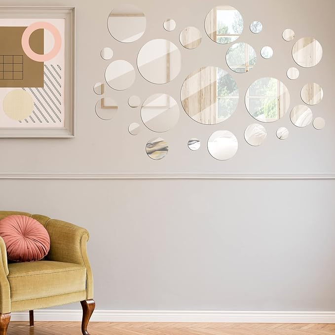 Jetec Real Glass Round Mirror Tiles Frameless Round Wall Mirrors Glass Mirror Tiles Wall-Mount Mirrors with Acrylic Double Sided Adhesive for Bedroom Bathroom Craft (28 Pcs, 1/2/3/4/5/6 Inch)