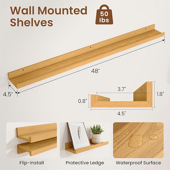 Heimlove Picture Ledge Shelf,48 inch Long Floating Shelves for Wall Set of 2,Picture Shelf with Lip for Wall Decor,Living Room,Bedroom,Bookshelf,Nursery,Perfume,Oak Color