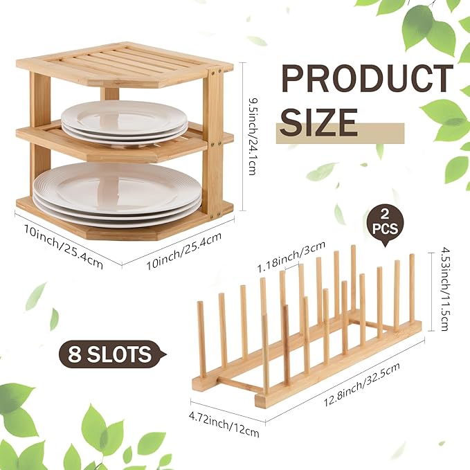 Marsui 3 Pcs Plate Storage Rack, 1 PC Bamboo 3-Tier Corner Shelf Organizer, 2 Pcs Dish Racks Plate Stand Holder, Kitchen Storage Cabinet Organizer, Hold Dishes, Cups, Plates
