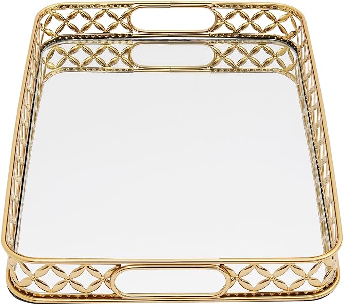 12.6 Inch Gold Mirrored Vanity Tray,Metal Mirror Decorative Jewelry Storage Tray with Handle,Perfume Makeup Organizer Trays for Dresser Bathroom Counter Home Decor