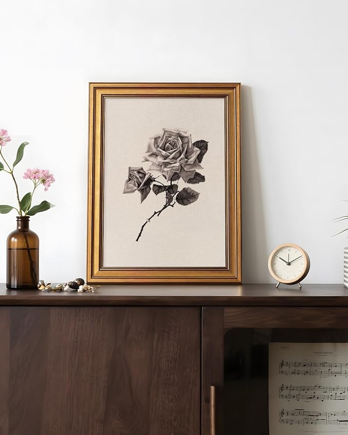 Bzstyleart Vintage Wall Art Decor for Living Room, Rose Flower Canvas Prints, Gold Framed Vintage Travel Wall Art, Sketch Painting Picture, Home Decor Aesthetic Kitchen Bathroom, New York, 12L x 16W