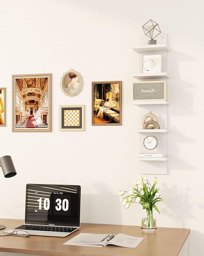 IBUYKE 5 Tier Wall Shelf Unit,White Vertical Shelf,Floating Storage Wall Shelf,Organizer Tall Tower Design Decorative Wall Mount Shelving for Home, Bedroom,Living Room,Office Decor WBC009W | Floating Storage, Wall Shelf, Organizer, Tall Tower Design, D...