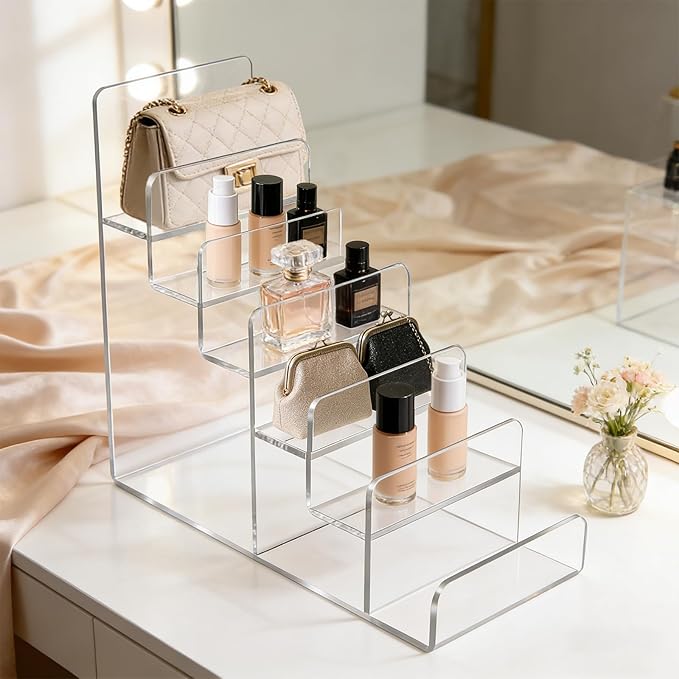 Acrylic Wallet Display Stand Purse Handbag Organizer, Clear Jewelry Riser Display Stand Purse Display Rack, Acrylic Display Shelf for Cosmetic Perfume Jewelry Sunglasses Handbag (2 PCS-6 Tier)