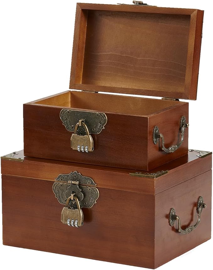 2PCS Decorative Wooden Storage Box with Lids Handmade Memory Box for keepsakes Treasure Chest Box with lock Vintage Wood Baskets Metal Handle Jewelry Desk Organizer Container, Walnut