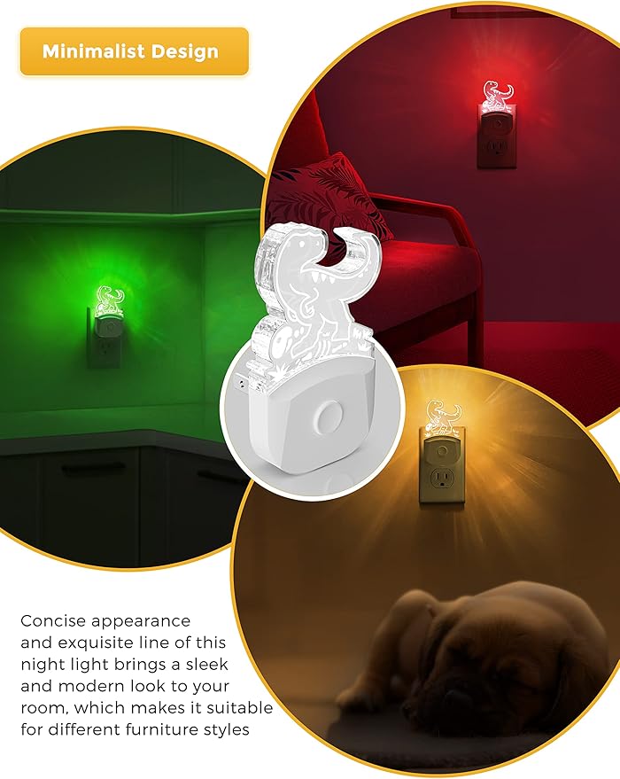 L LOHAS LED Night Light for Kids, Dinosaur Night Light for Boys, Velociraptor LED Night Lights Plug into Wall, RGB+Soft White 3000K, Dusk to Dawn, Ideal for Nursery Room, Bedroom Decor[2 Pack]
