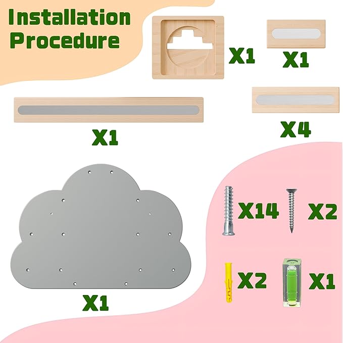 Cloud Tonies Shelf for Toniebox Storage - Unique Floating Magnetic Wall Shelves for 20-30 Tonie Figures, Beech Wood Display Tonie Shelf for Children Kids (Grey)