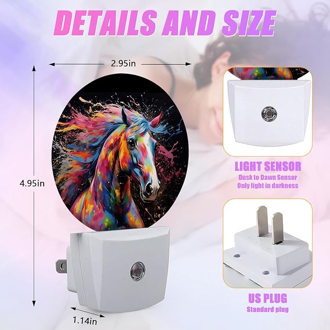 Colorful Horse Night Light Night Lights LED Lamp Round Plug into Wall Nightlight with Dusk to Dawn Sensor Home Hallway Stairway Kitchen Decor