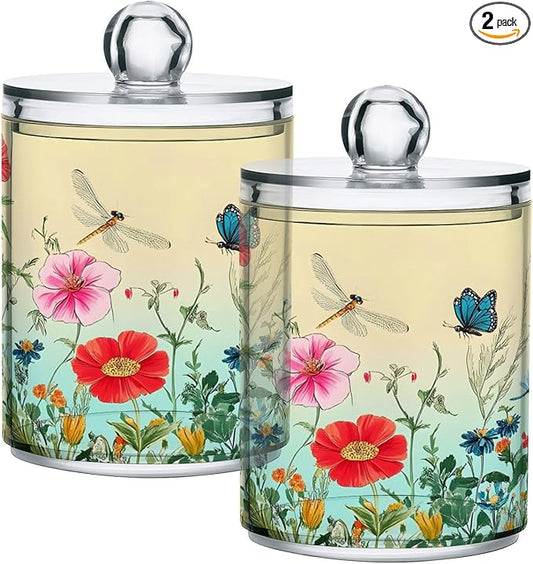 2 Pack Qtip Holder Dispenser for Cotton Ball Dragonfly Butterfly Tulip Flower Swab Round Pads Clear Plastic Acrylic Jar Set Bathroom Canister