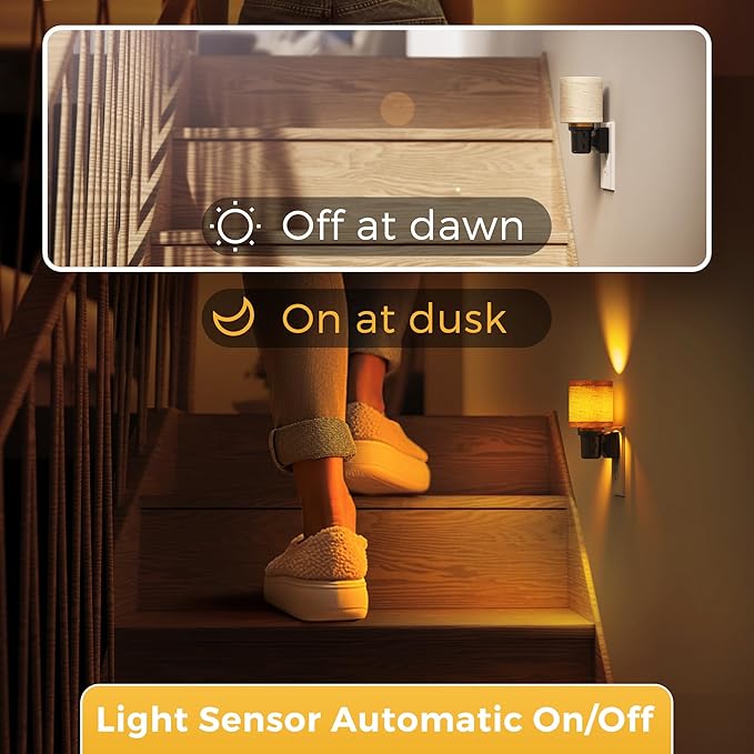 L LOHAS LED Night Lights Plug into Wall, Linen Fabric Cylinder Decor Night Light, Dusk to Dawn Sensor Vintage Nightlight, Amber Warm 0-100LM Dimmable, for Bedroom Living Room Hallway