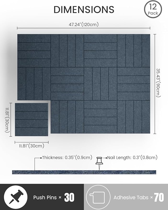 Bumusty Large Cork Board Alternative-48 x 36" Felt Bulletin Board Tiles, with 30 Pushpins, 70 Adhesive Tabs, Bold-Stripe 12-Pack, Cork Boards for Office Push Pin Board Felt Board-Navy Blue