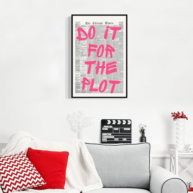 Pink Do It For The Plot Quote Poster, Vintage Black White Newspaper Canvas Wall Art, Trendy Positive Affirmations Picture Print, Charming Inspirational Office Wall Decor 12x16in Wrapped Canvas
