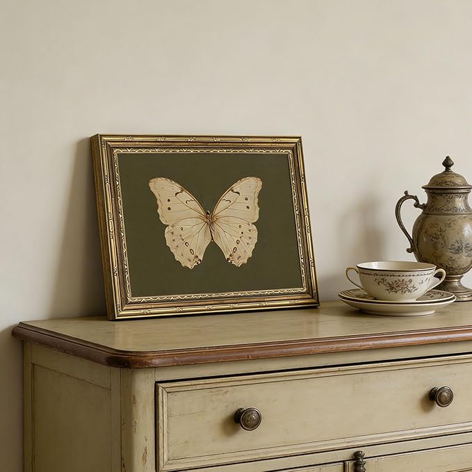 Vintage Gold Framed Wall Art Classical White Butterfly Wall Art Small Moody Insect Green Wall Decor Picture Antique Cottagecore Moth Gallery Aesthetic Poster Print for Living Room Bedroom 12x16in