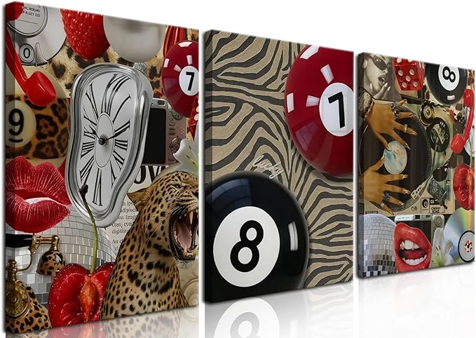 Trendy Leopard Cheetah Wall Art Set of 3, Black Woman Wall Decor Paintings Black Teen Girl Music 8 Ball Poster Canvas Prints Aesthetic for Bedroom Living Room Dorm 16x24 inch Framed