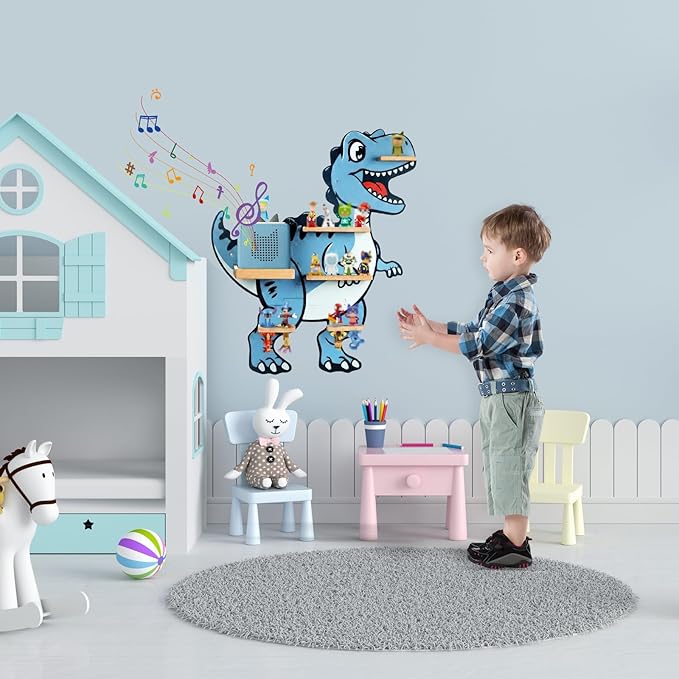 Tonie Shelf for Tonies Box 2/1 - Tonies Storage Shelf for Toniebox, Magnetic Dinosaur Wooden Floating Shelf for 30 Tonie Characters, Wall Mounted Shelf for Boys and Girls, Velociraptor