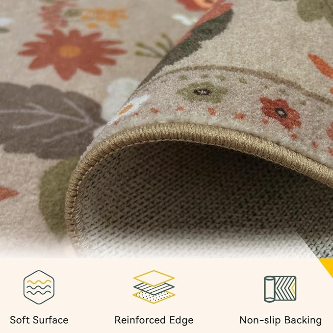RELEANY Floral Nursery 4x6 Area Rugs Washable Print Boho Cute Carpet Non Slip Flower Low Pile for Living Room Kids Girls Playroom Bedroom Kitchen Office Farmhouse-Brown/Brick