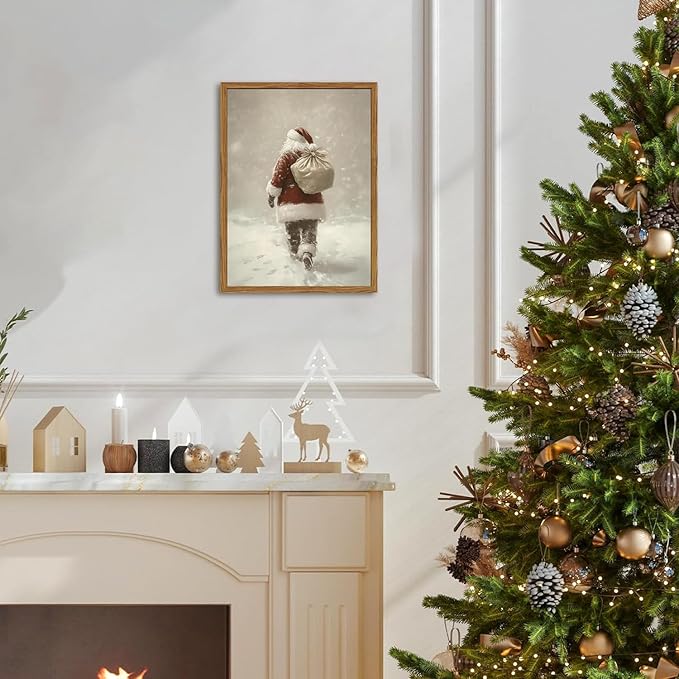 Framed Vintage Christmas Canvas Wall Art, Rustic Santa Claus Walking Snowy Wall Decor Paintings, Winter Holiday Aesthetics Pictures Print Christmas Home Decor for Living Room Bedroom 16x24inch