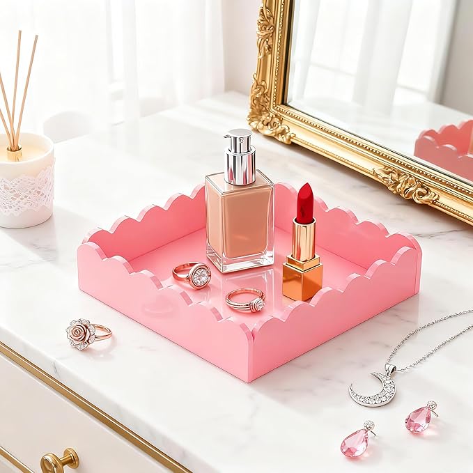 Acrylic Tray, Scalloped Glossy Pink Acrylic Decorative Tray for Home Decor, 8x8 Inch Acrylic Organizer Tray for Vanity Countertop Makeup Skincare Square Acrylic Storage Tray (Square Pink)