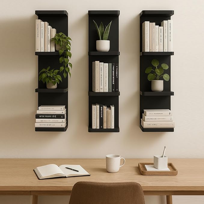 LitaEther Versatile 4 Tier Wall Shelf Unit,Black Lack Wall Shelf,Display Floating Shelf with Round Edge