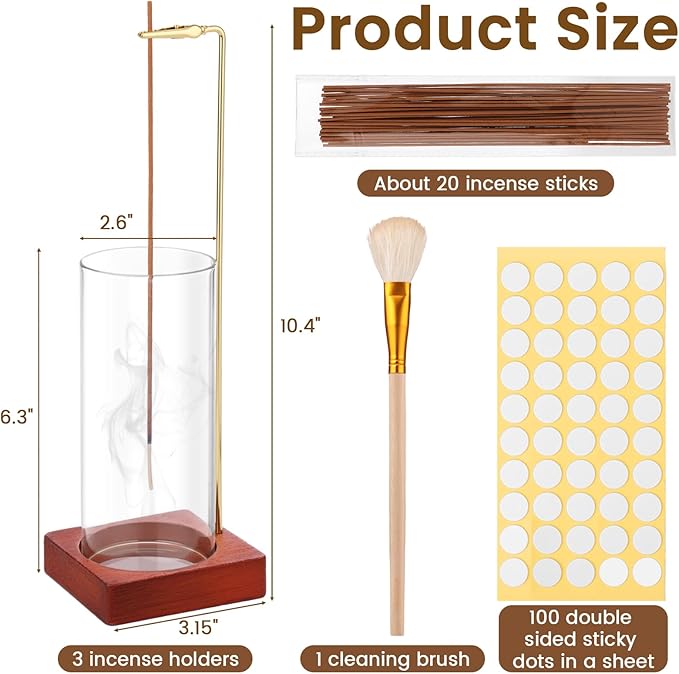 Jollidecor 3 Pack Incense Holder with 20 Incense Sticks | Detachable Glass Ash Catcher | Incense Sticks Burner for Meditation, Yoga, Spa, Home Decor