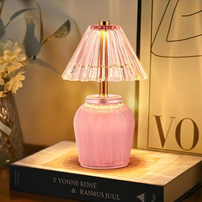 Small Battery Operated Lamp with Timer, Tiny Cordless Glass Table Lamp for Home Decor, Kitchen, Bathroom, Birthday Gift for Women, Cream Pink