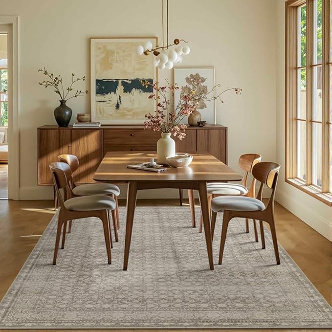 Area Rugs 5x7, Washable Rugs for Living Room, Vintage Boho Rug for Office, Dining Room, Kids Room and Farmhouse, Durable Low Pile Non-Slip Area Rug for High Traffic Areas(Apricot)